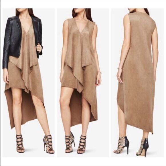 BCBGMAXAZRIA Sleeveless Cascade-Ruffle High-Low Shift Dress Tan XS - Picture 8 of 8